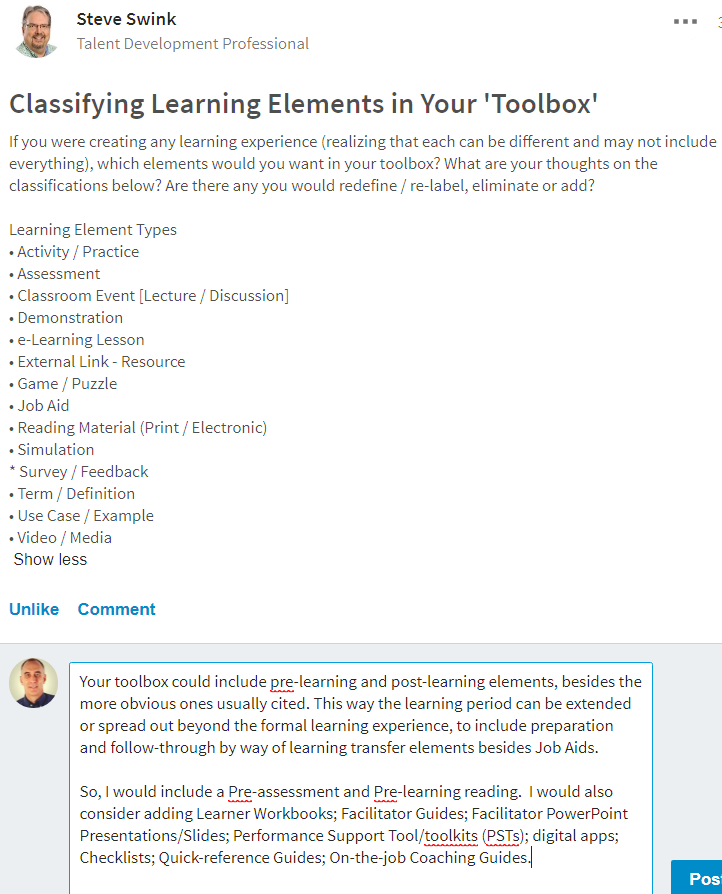 E = Elements of Learning Experience